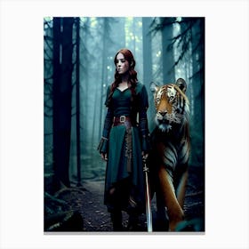 Medieval Warrior Girl With Tiger In The Forest Canvas Print