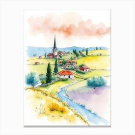 Watercolor Landscape With Village Canvas Print