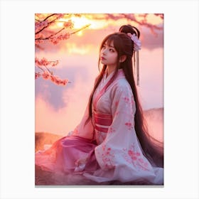 A Tranquil Anime Heroine Expression Unmoved Entrenched In A Vivid Haze Wistful Sunrise Backdrop H Canvas Print