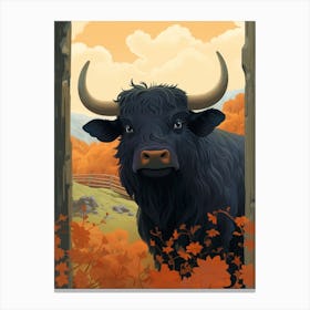 Animated Black Bull In Autumnal Highland Setting 4 Canvas Print