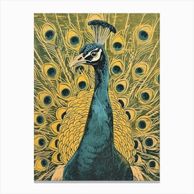 Blue Mustard Linocut Inspired Peacock Feather 1 Canvas Print