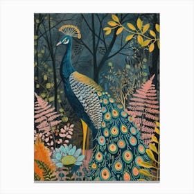 Folky Floral Peacock In The Woodlands Canvas Print