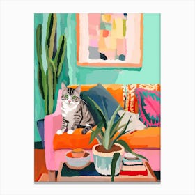 Tabby Cat On A Sofa In Boho Living Room Painting Animal Lovers Canvas Print