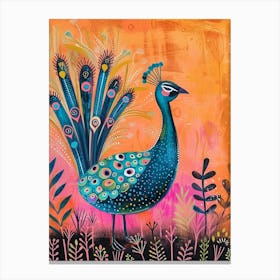 Folky Peacock In The Garden With Patterns 4 Canvas Print