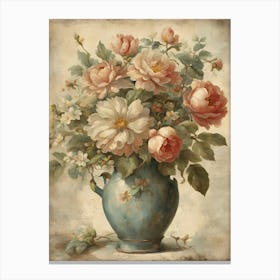 Pink Roses In A Blue Vase Canvas Print