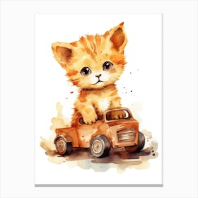 Kitten On Toy Car, Watercolour Nursery 3 Canvas Print