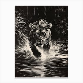 African Lion Charcoal Drawing Crossing A River 3 Canvas Print
