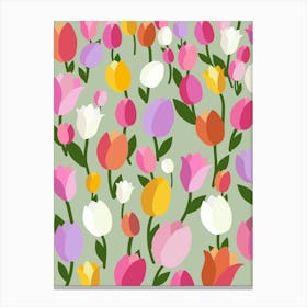 Tulip Field | 05 – Colorful Floral On Pastel Green Canvas Print