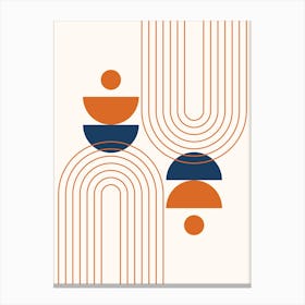 Modern Mid Century Sun, Moon Phases and Rainbow Abstract 23 in Navy Blue and Burnt Orange Canvas Print