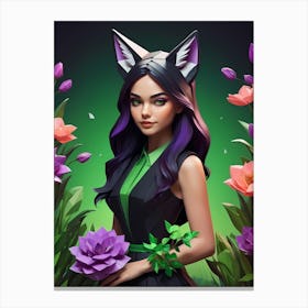 Low Poly Floral Fox Girl, Green (27) Canvas Print