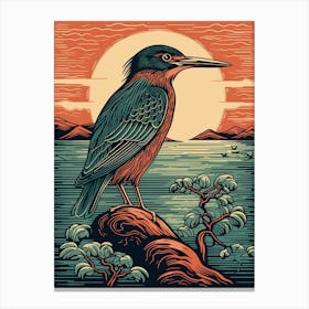 Vintage Bird Linocut Green Heron 3 Canvas Print