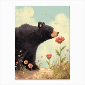 American Black Bear Sniffing A Flower Storybook Illustration 2 Canvas Print