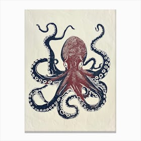 Linocut Red Navy Octopus 1 Canvas Print