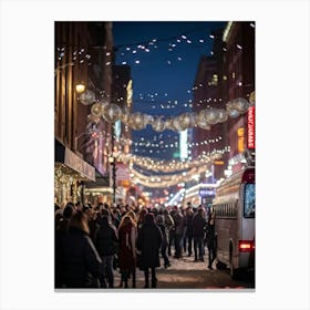 Banner At A Lively New Years Eve Party Drapes Elegantly Across A Bustling Street Strands Of Shiny (6) Canvas Print