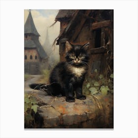 Cute Cats With A Medieval Cottage In The Background 6 Canvas Print