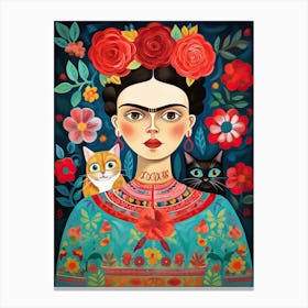 Frida Kahlo Orange Black Cats Mexican Painting Botanical Floral Canvas Print