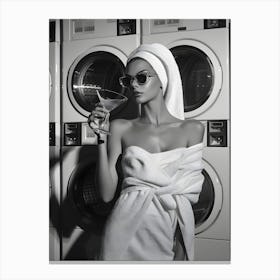 Woman In A Towel In Front Of Washing Machines Canvas Print