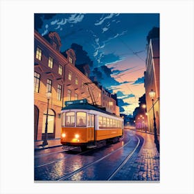 Anime Canvas Art: Vibrant Orange Tram on Curving Tracks at Dusk with Glowing City Windows, Perfect for Lofi Aesthetic and Urban Ambience Fans. Canvas Print