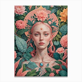 Woman Amongst The Pink Flowers Canvas Print