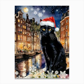 Christmas in Amsterdam ~ Black Cat Wearing a Santa Hat in Old Amsterdam Canvas Print