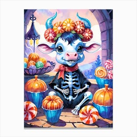Cute Skeleton Cow Painting Halloween (27) Canvas Print