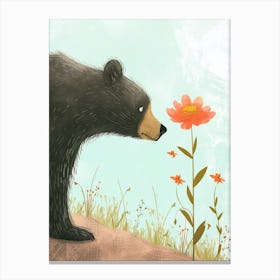 American Black Bear Sniffing A Flower Storybook Illustration 4 Canvas Print