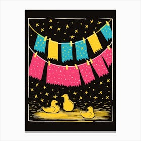 Duckling Linocut Inspired Under The Washing Line 2 Canvas Print