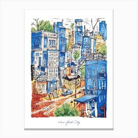 New York City Illustration Line Art Travel Blue Canvas Print