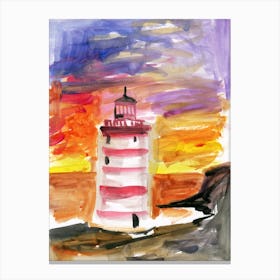 lighthouse watercolor painting hand painted sea seascep vertical orange yellow purple living room office Canvas Print