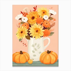 Pitcher With Sunflowers, Atumn Fall Daisies And Pumpkin Latte Cute Illustration 11 Canvas Print