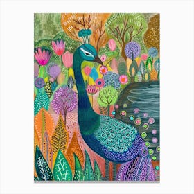 Folky Floral Peacock By The River 1 Canvas Print