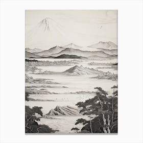 Lake Toya In Hokkaido, Ukiyo E Black And White Line Art Drawing 4 Canvas Print