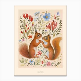 Folksy Floral Animal Drawing Squirrel 2 Poster Canvas Print