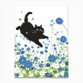 Black Cat In Blue Flowers 1 Canvas Print