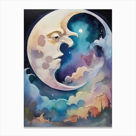 Moon Face And The Clouds Watercolor Canvas Print