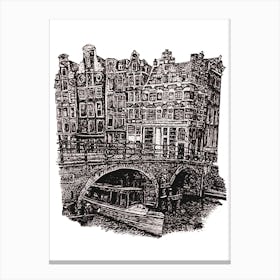 Black and White Amsterdam Canal Scene Illustration Canvas Print