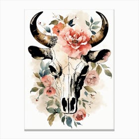 Vintage Boho Bull Skull Flowers Painting (27) Canvas Print