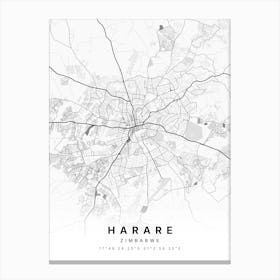 Harare Zimbabwe White Map Canvas Print