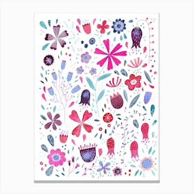 Contemporary Watercolor Flowers in Pink and Teal on White Canvas Print