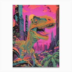 Neon Dinosaur Cityscape Portrait Canvas Print