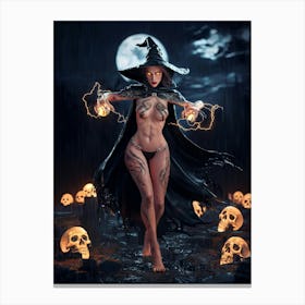 Sexy Naked Witch with Fireballs Painting #1 Canvas Print