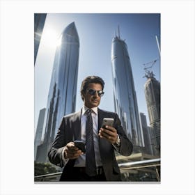 Businessman Engrossed In Galloping Through A Bustling Cityscape Taps Away On His Sleek Smartphone (1) Canvas Print