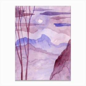 Purple Misteria 2 - watercolor vertical nature moon night trees mauve lilac hand painted Canvas Print