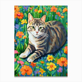 Tabby Cat With Flowers Oil Painting Canvas Print