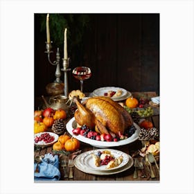 A Vintage Style Scene Featuring A Roasted Turkey Resting On An Intricately Detailed Platter Surroun Canvas Print