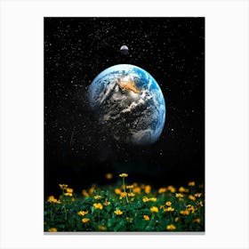 Earth In Space With Flowers Canvas Print
