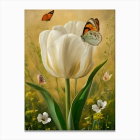 White Tulip With Butterflies Canvas Print