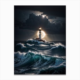 Lighthouse In The Storm Print Canvas Print