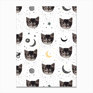Cute Cats And Space Pattern Canvas Print