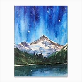 Watercolor Painting Of Snow Capped Mountains Towering In The Background Tranquil Lake In The Foregr Canvas Print